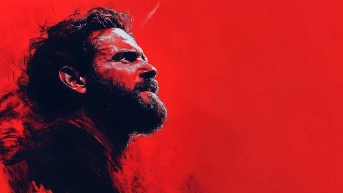 Crimson roar of resolve, a lone profile in painted flame.