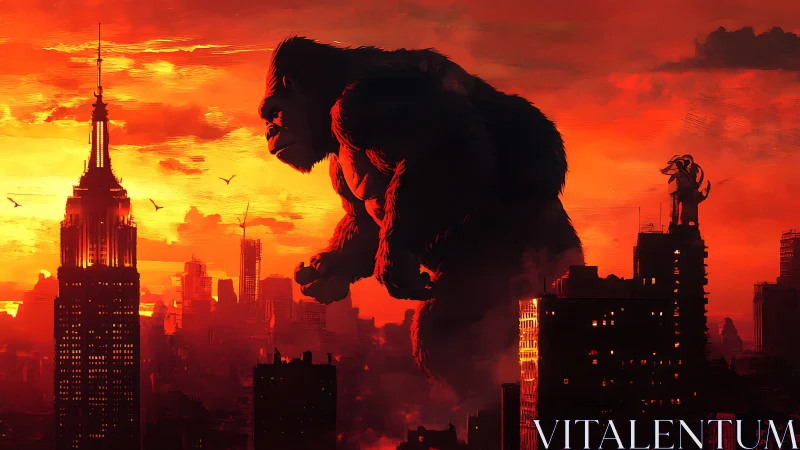 Giant gorilla towers over red city skyline at sunset.