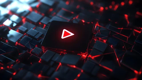 Futuristic Play Button on Glowing Digital Grid, 3D Neon Style.