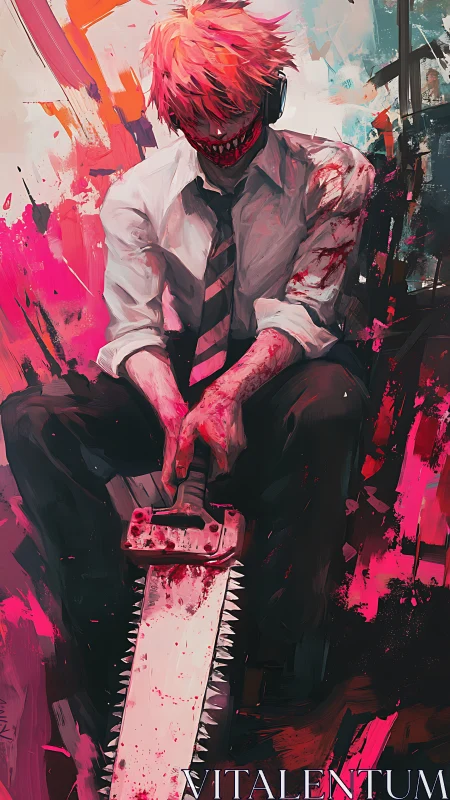 Digital painting of blood-soaked chainsaw antihero in motion blur.
