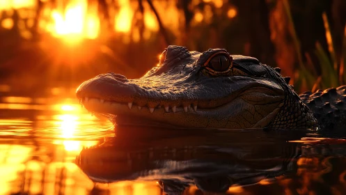 Crocodile head cuts molten sunset water with reflective glare