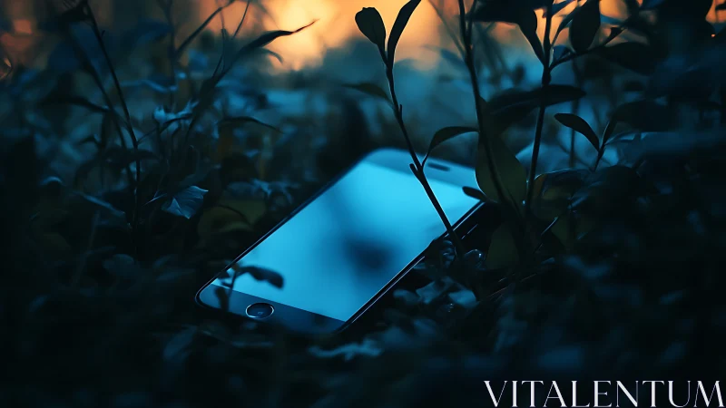 Smartphone surrounded by silhouetted vegetation at dusk