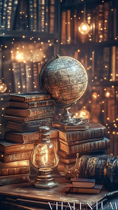Antique globe and books glow softly in a magical library