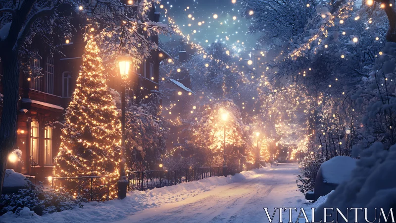 Cozy winter street glowing with soft holiday twinkle lights.
