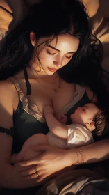 Soft chiaroscuro portrait of mother nursing sleeping infant