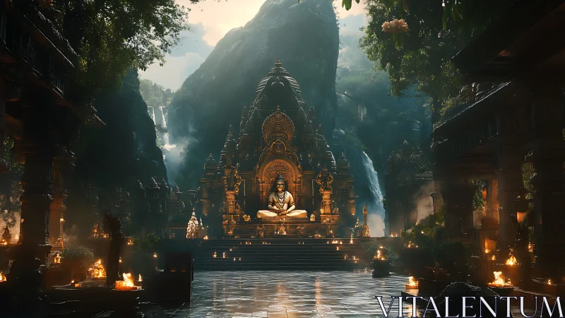 Temple courtyard with central seated statue and waterfalls.