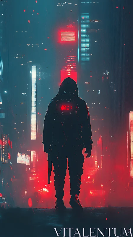 Lone hooded figure stalks through neon soaked cyberpunk alleyway.
