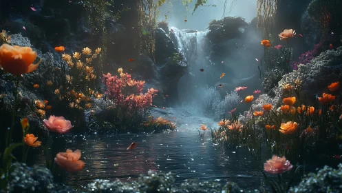 Moonlit waterfall garden where firefly petals wander.