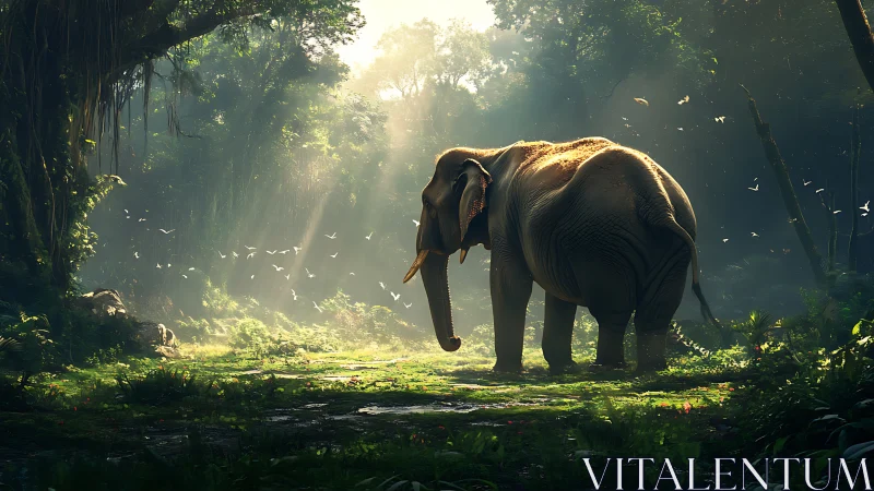 Solitary elephant standing in sunlit lush jungle clearing.