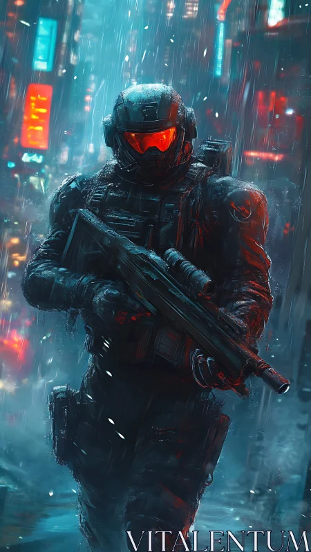 Armored futurist soldier advances through neon city rain