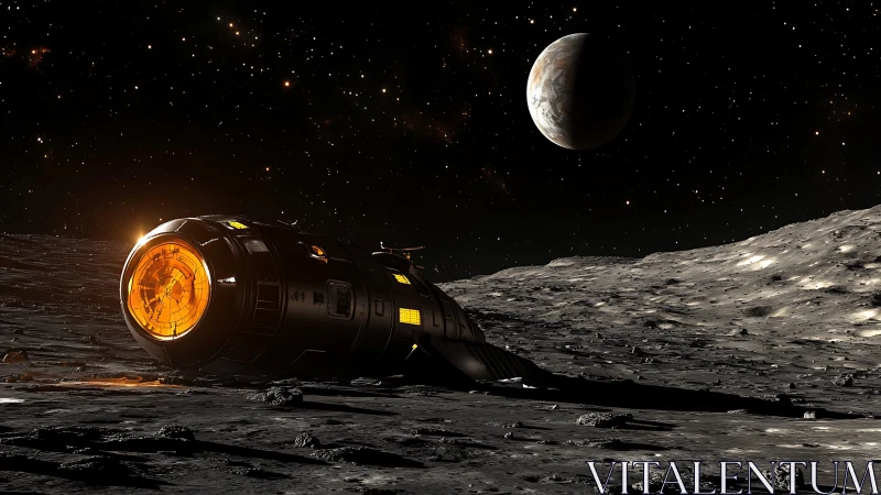 Lunar surface with cylindrical spacecraft and distant planet.