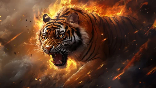 Fire-charged tiger charges through storming embers. Period.