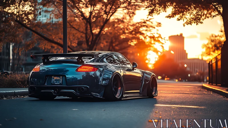 Widebody sports car waits under glowing autumn sunset