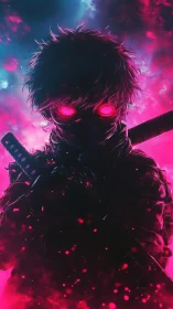 Neon-irradiated cyber shinobi silhouette with dual katanas.