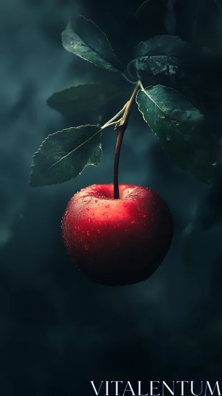 Midnight orchard sings through one luminous crimson apple