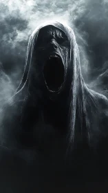Shrouded wraith screaming in swirling monochrome fogscape.
