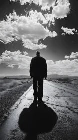 Solitary desert walker under churning cloud kingdoms at noon.