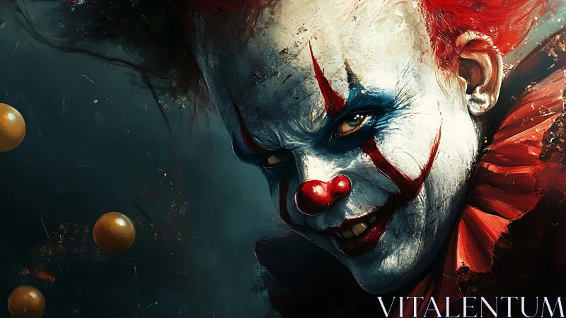 Sinister red-haired clown emerges from dark swirling void.