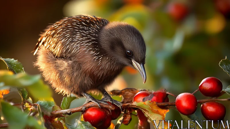 Fluffy brown bird perched on berry branch in soft autumn light.