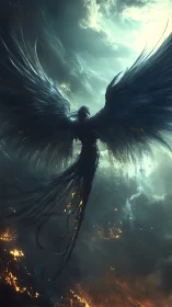 Dark winged guardian rising over stormlit fiery horizon.