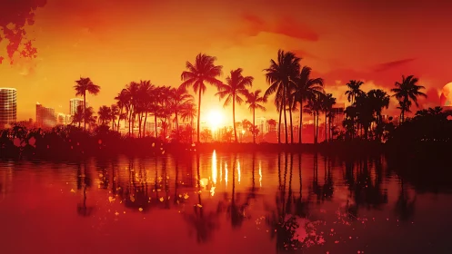 Radiant tropical sunset bathes city skyline in golden warmth