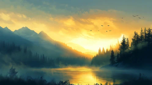Sunrise-illuminated alpine lake with volumetric mist and silhouetted pines