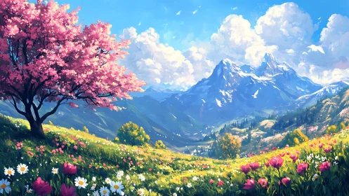 Chromatic alpine meadow under cumuliform sky illumination.