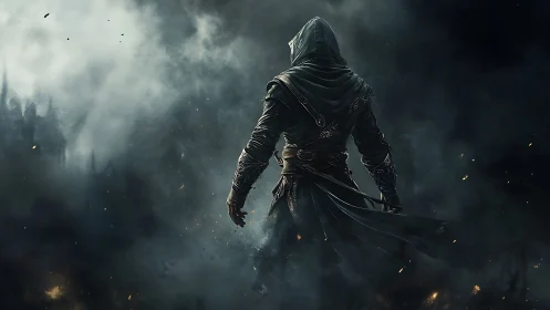 Hooded figure stands in smoke-filled environment with embers