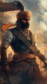 Warrior king in ornate armor stands amid blazing battlefield.