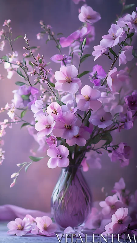 Soft Pink Flowers in Glass Vase with Purple Background