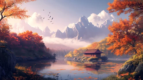 Autumnal mountain lake pavilion in high-fidelity digital rendering.