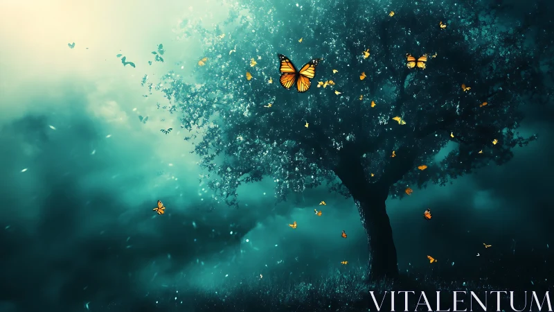 Luminous monarch tree in teal nocturne digital painting.