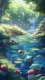 Cute frog monsters swim in bright forest river scene.