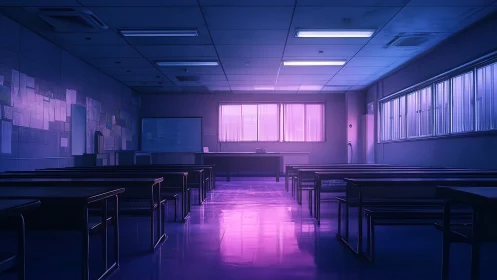 Empty neon-lit classroom holds a quiet, reflective calm