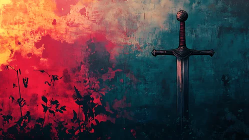 Medieval sword silhouette against abstract fiery dusk field.