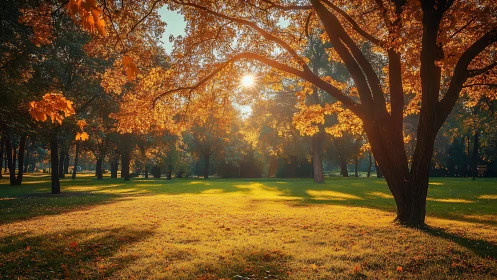 Sunlit autumn park glows with golden foliage and shadows.