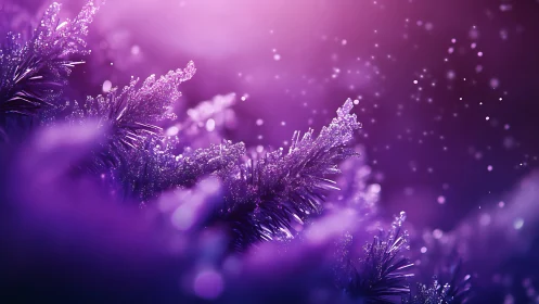 Glistening violet pine needles in a dreamy winter glow.