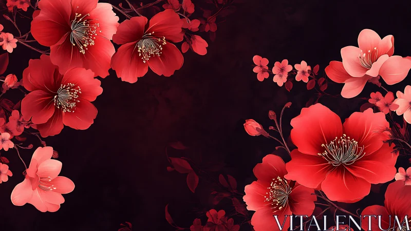 Luminous Red Florals Against Dark Background: Digital Botanical Composition.