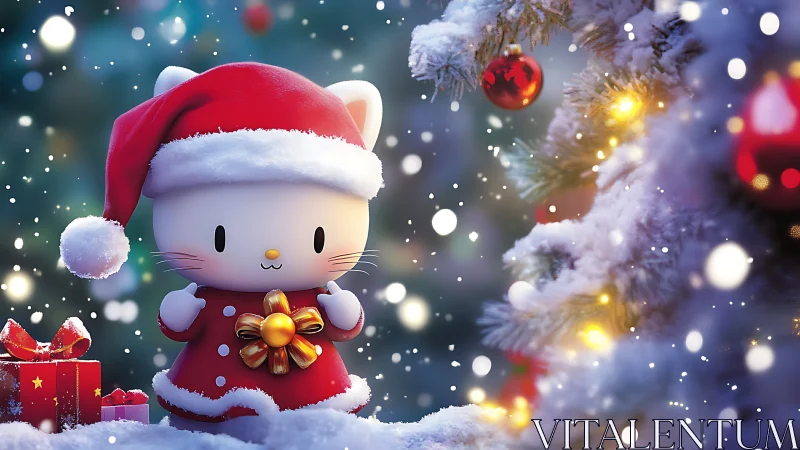 Cartoon cat in Santa outfit beside snowy Christmas tree.