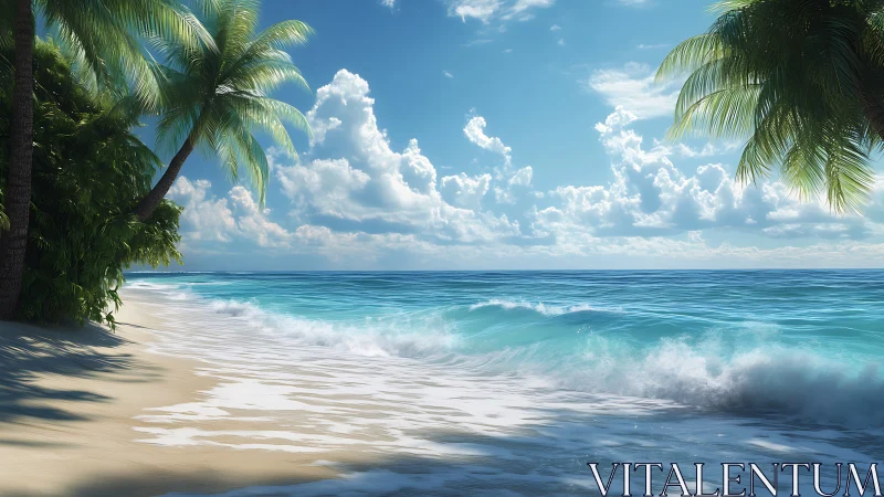 Tropical shoreline with palm trees and breaking ocean waves.
