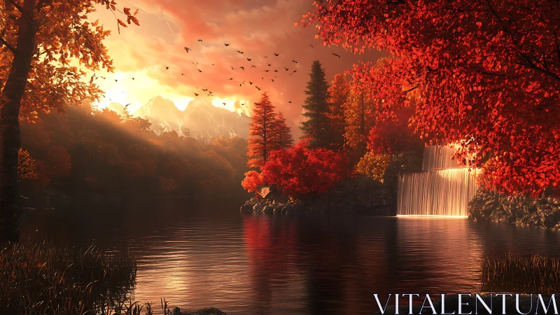 Glowing autumn waterfall welcomes calm across a quiet lake