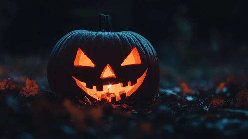 Glowing jack o’ lantern in dark outdoor Halloween setting.