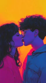 Neon color portrait of two young people sharing kiss.