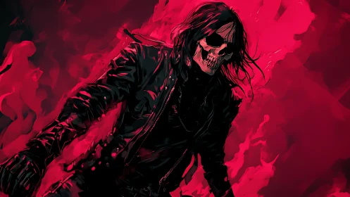 Grim reaper figure in black leather before red flames.