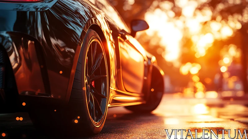 Sports car rear wheel in strong golden sunset light.