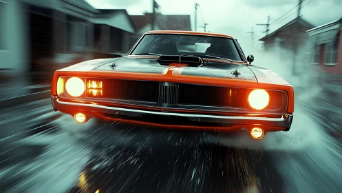Muscle car charges through wet street with dynamic motion blur