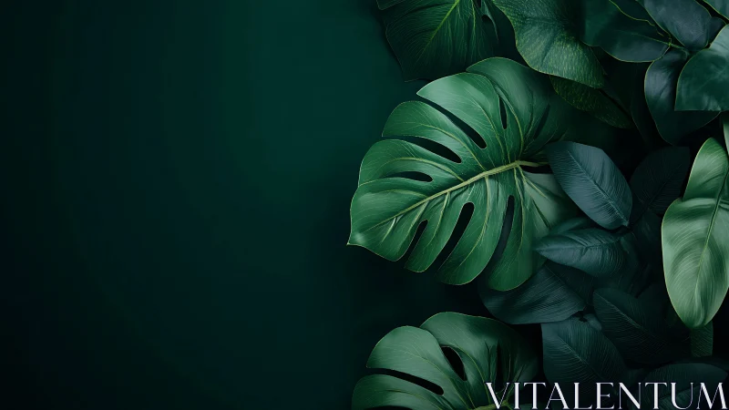 Lush tropical monstera leaves rest in deep emerald shadows