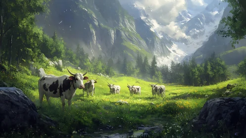 Cows standing in bright green alpine meadow below peaks.