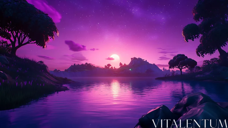Dreamy violet sunset over a tranquil starlit lakeshore.