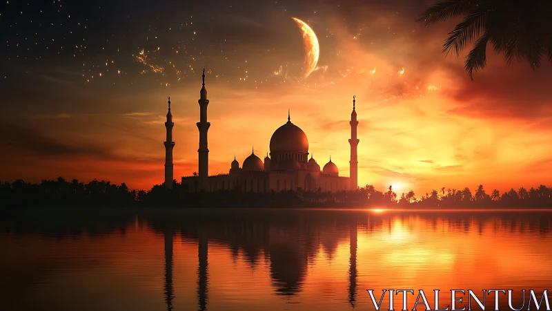 Mosque silhouette under crescent moon at vivid sunset.